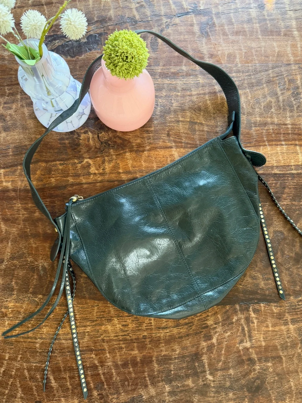 Hobo Dark Green Crinkle Leather Shoulder Bag
